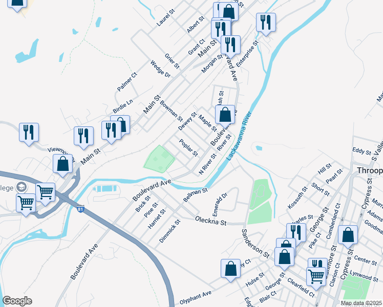 map of restaurants, bars, coffee shops, grocery stores, and more near 219 Poplar Street in Dickson City
