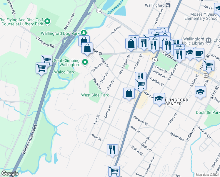 map of restaurants, bars, coffee shops, grocery stores, and more near 42 East Street in Wallingford