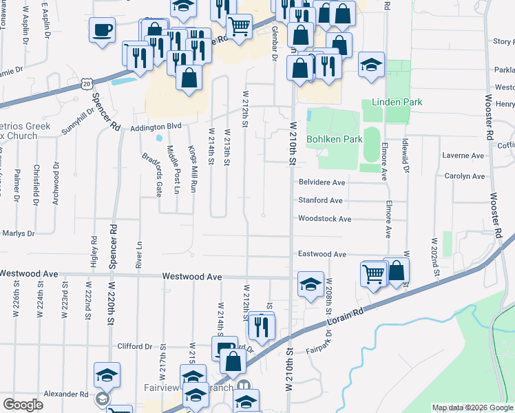 map of restaurants, bars, coffee shops, grocery stores, and more near 4020 Circlewood Drive in Fairview Park