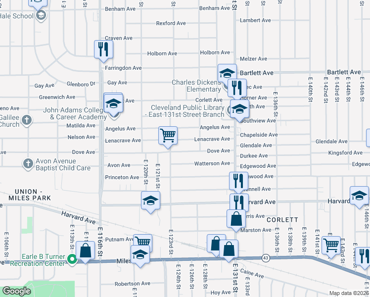 map of restaurants, bars, coffee shops, grocery stores, and more near 12413 Dove Avenue in Cleveland