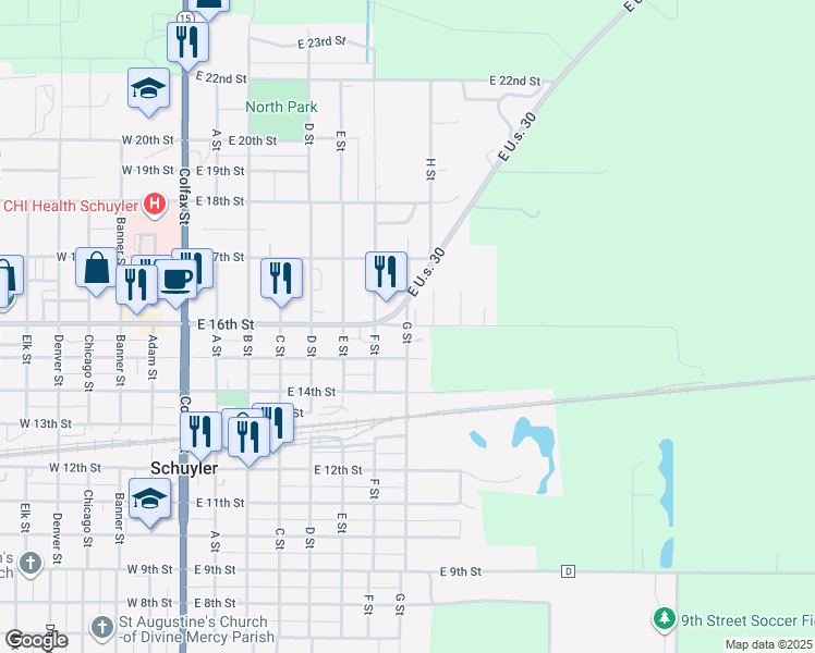 map of restaurants, bars, coffee shops, grocery stores, and more near 801 East 16th Street in Schuyler