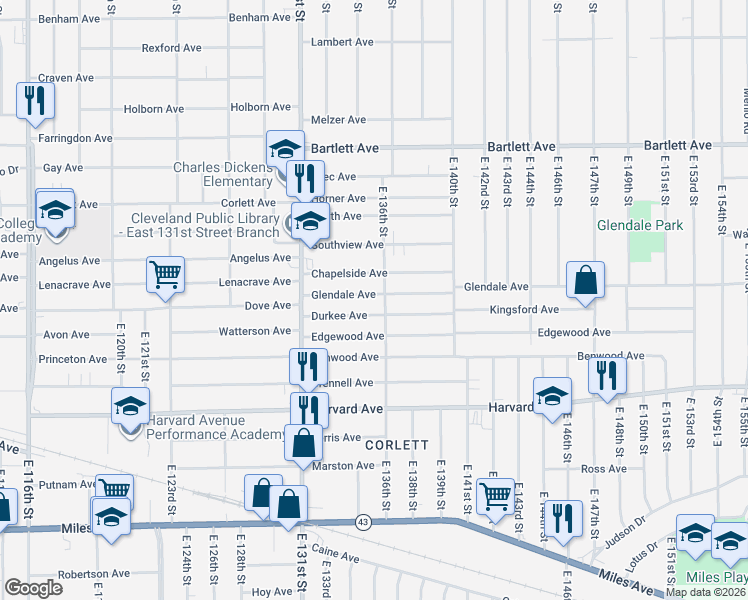 map of restaurants, bars, coffee shops, grocery stores, and more near 13504 Glendale Ave in Cleveland