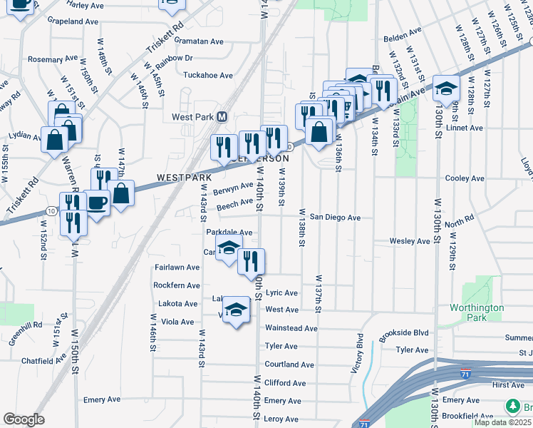map of restaurants, bars, coffee shops, grocery stores, and more near 3716 West 140th Street in Cleveland