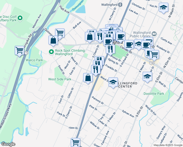 map of restaurants, bars, coffee shops, grocery stores, and more near 189 Ward Street in Wallingford