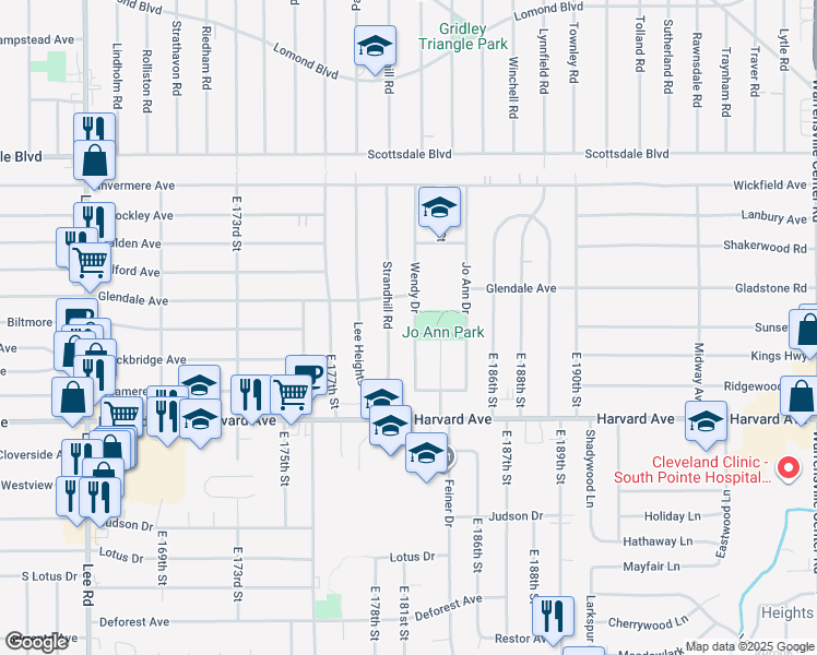 map of restaurants, bars, coffee shops, grocery stores, and more near 3936 Wendy Drive in Cleveland