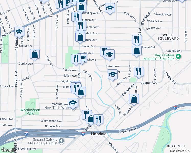 map of restaurants, bars, coffee shops, grocery stores, and more near 3675 Highland Rd in Cleveland