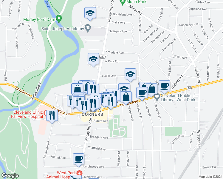 map of restaurants, bars, coffee shops, grocery stores, and more near 16610 Ernest Avenue in Cleveland