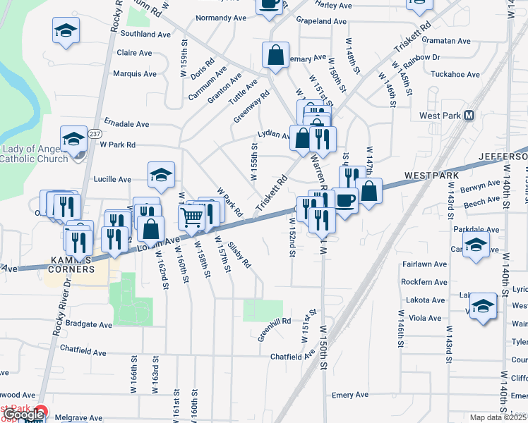 map of restaurants, bars, coffee shops, grocery stores, and more near 15321-15443 Triskett Road in Cleveland