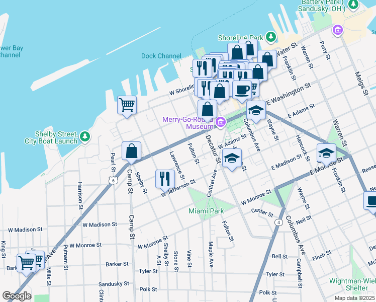 map of restaurants, bars, coffee shops, grocery stores, and more near 317 Fulton Street in Sandusky