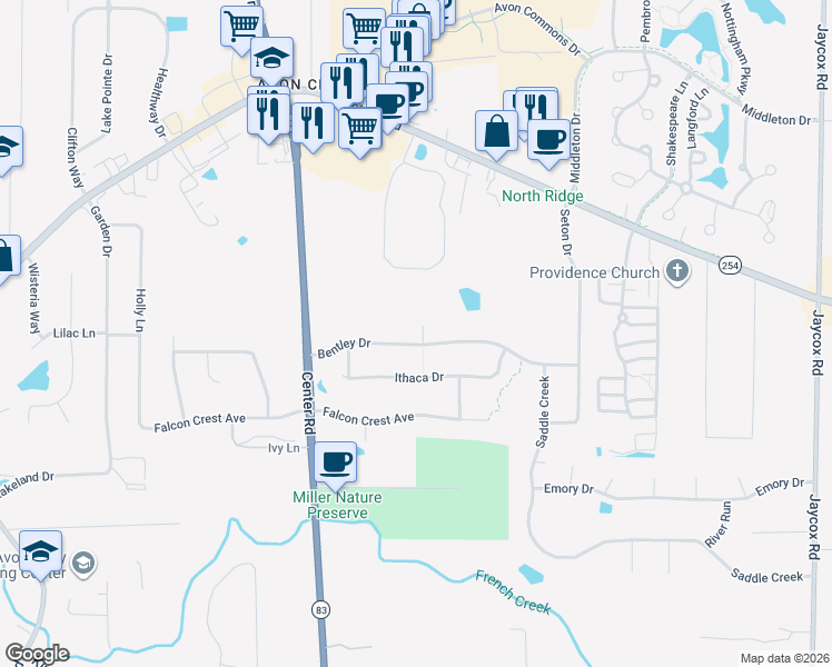 map of restaurants, bars, coffee shops, grocery stores, and more near 35970 Bentley Drive in Avon