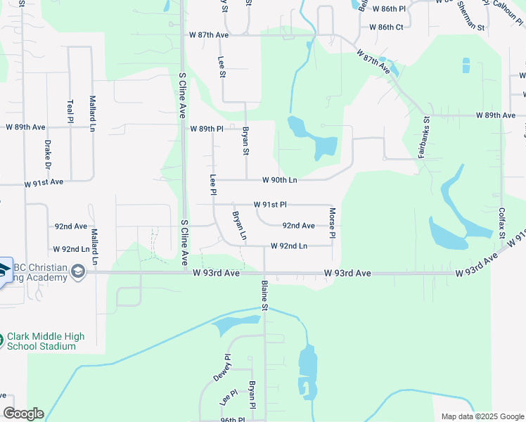map of restaurants, bars, coffee shops, grocery stores, and more near West 91st Place in Crown Point