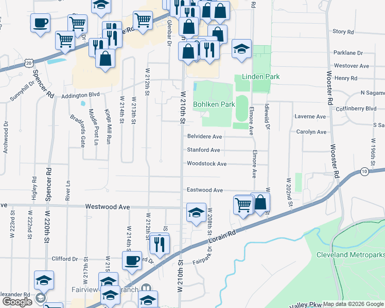 map of restaurants, bars, coffee shops, grocery stores, and more near 20961 Stanford Avenue in Fairview Park