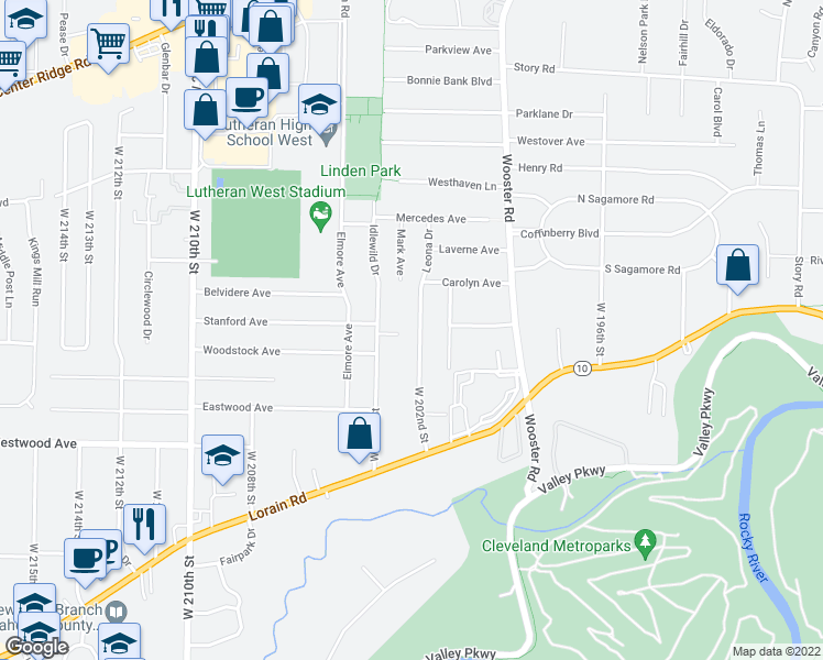 map of restaurants, bars, coffee shops, grocery stores, and more near 4284 West 202nd Street in Fairview Park