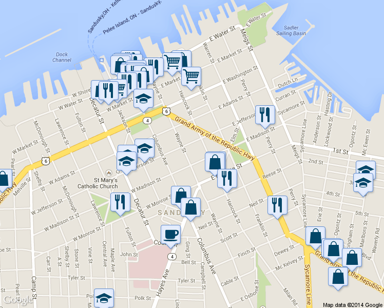map of restaurants, bars, coffee shops, grocery stores, and more near 518 Wayne Street in Sandusky
