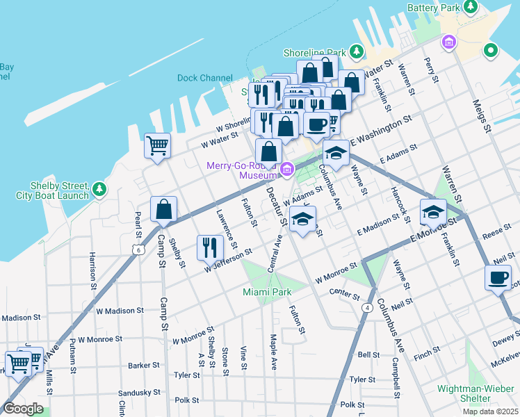 map of restaurants, bars, coffee shops, grocery stores, and more near 605 West Adams Street in Sandusky