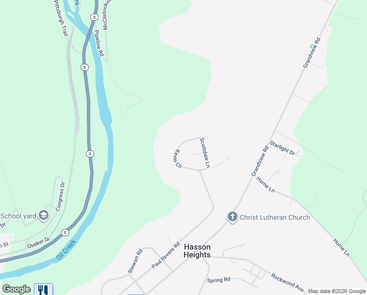 map of restaurants, bars, coffee shops, grocery stores, and more near 18 Kevin Circle in Oil City