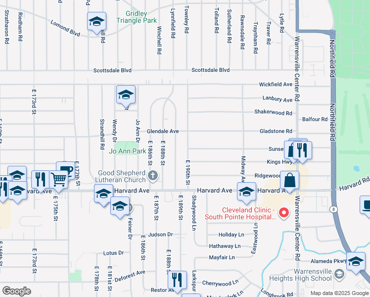 map of restaurants, bars, coffee shops, grocery stores, and more near 3932 East 190th Street in Cleveland