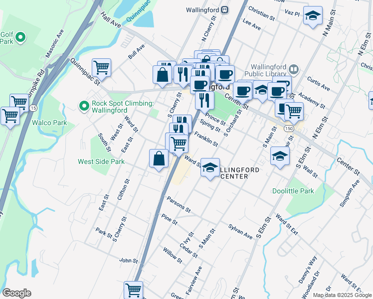 map of restaurants, bars, coffee shops, grocery stores, and more near 228 South Colony Road in Wallingford