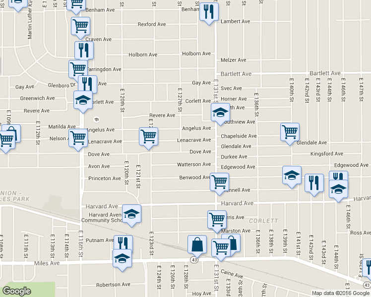 map of restaurants, bars, coffee shops, grocery stores, and more near 12701 Dove Avenue in Cleveland