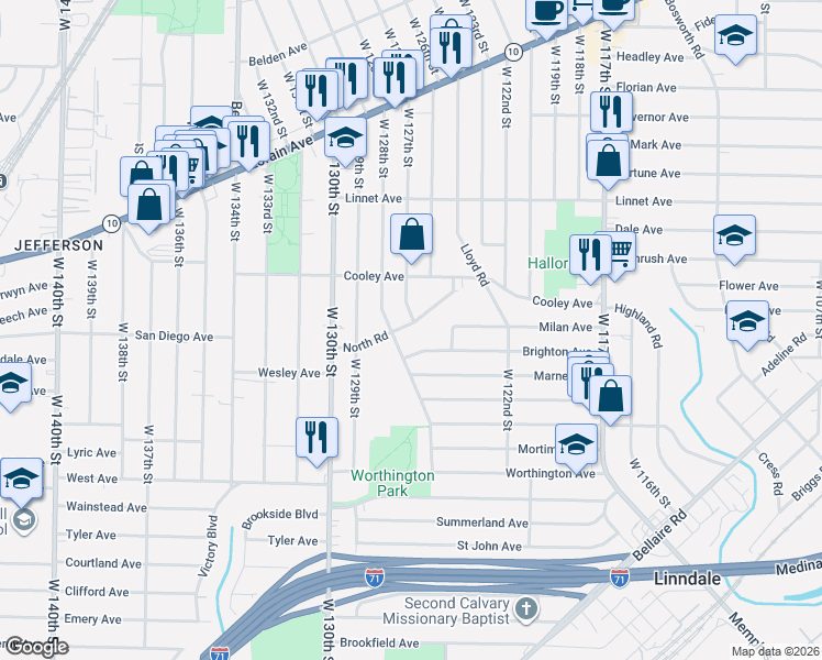 map of restaurants, bars, coffee shops, grocery stores, and more near 12721 North Road in Cleveland