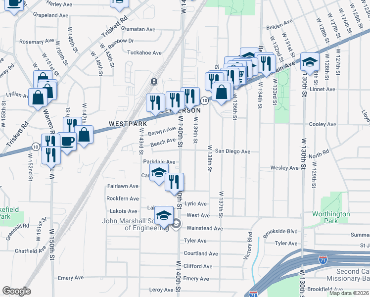 map of restaurants, bars, coffee shops, grocery stores, and more near 3716 West 140th Street in Cleveland