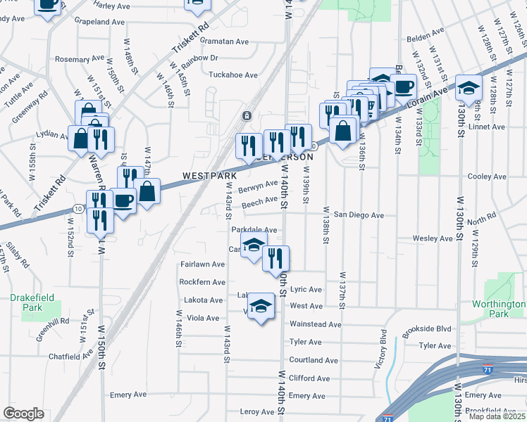 map of restaurants, bars, coffee shops, grocery stores, and more near 14116 San Diego Avenue in Cleveland