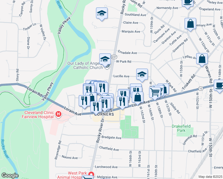 map of restaurants, bars, coffee shops, grocery stores, and more near in Cleveland