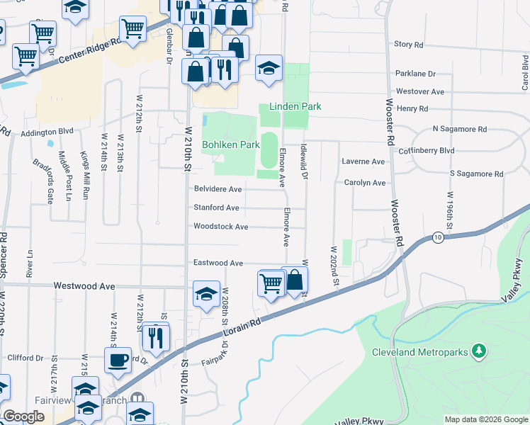 map of restaurants, bars, coffee shops, grocery stores, and more near 20537 Stanford Avenue in Fairview Park