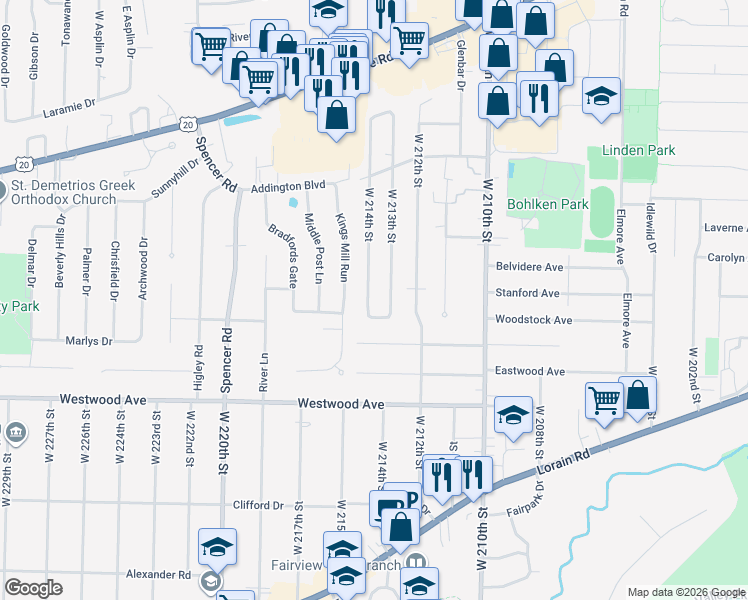 map of restaurants, bars, coffee shops, grocery stores, and more near 4040 West 214th Street in Fairview Park