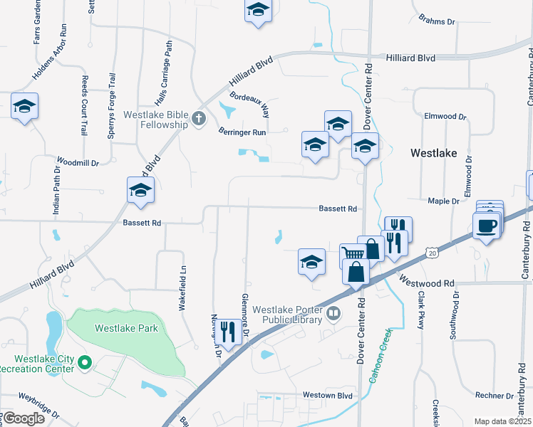 map of restaurants, bars, coffee shops, grocery stores, and more near 27647 Bassett Road in Westlake