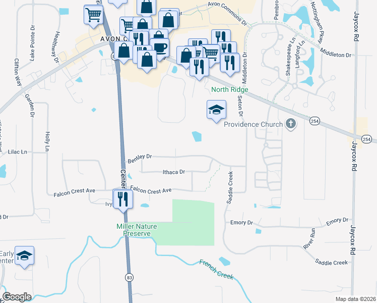 map of restaurants, bars, coffee shops, grocery stores, and more near 35786 Bentley Drive in Avon