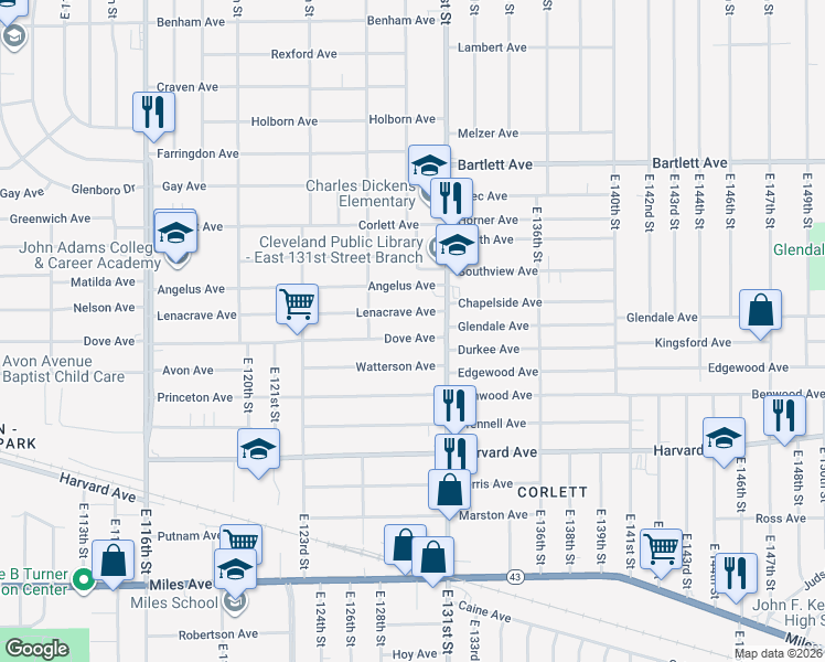 map of restaurants, bars, coffee shops, grocery stores, and more near 12905 Dove Ave in Cleveland