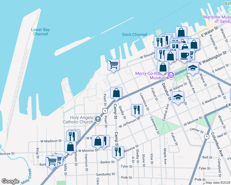 map of restaurants, bars, coffee shops, grocery stores, and more near 220 Shelby Street in Sandusky