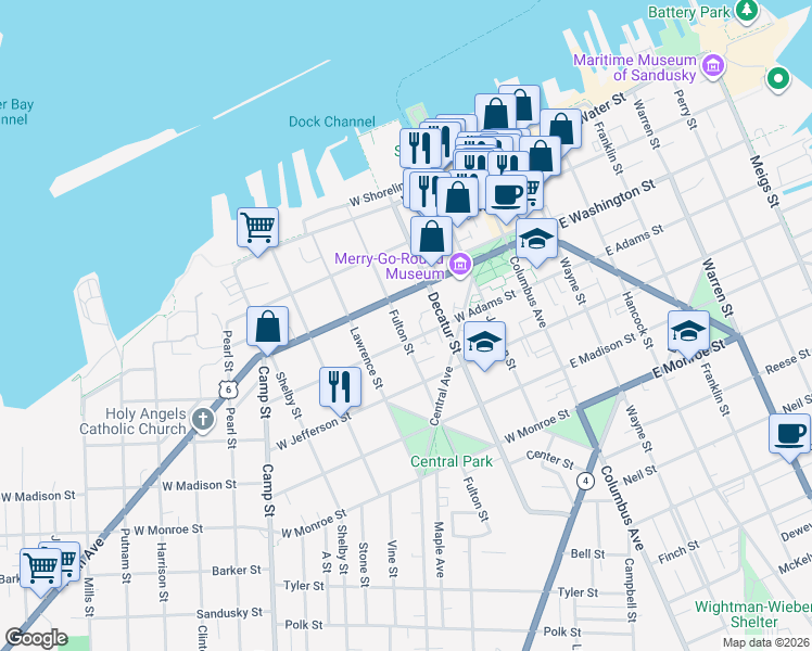 map of restaurants, bars, coffee shops, grocery stores, and more near 605 West Adams Street in Sandusky