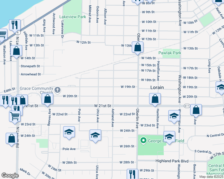 map of restaurants, bars, coffee shops, grocery stores, and more near 1401 West 19th Street in Lorain