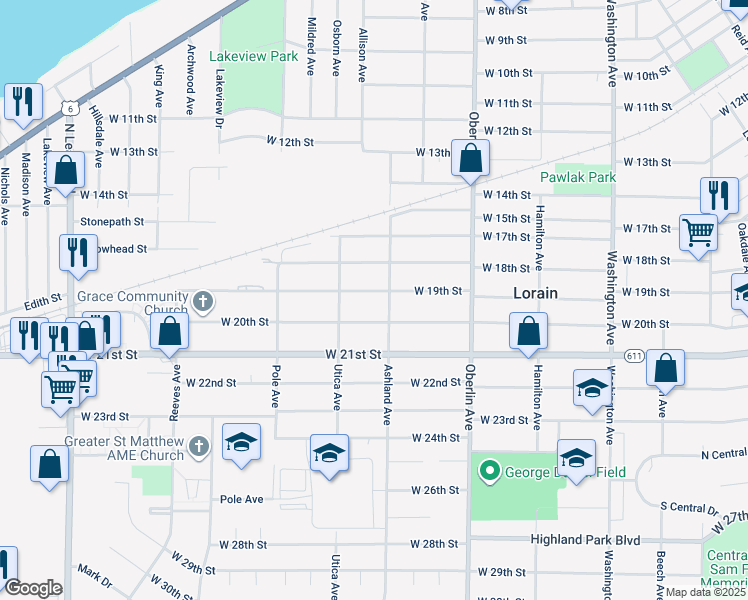 map of restaurants, bars, coffee shops, grocery stores, and more near 1413 West 19th Street in Lorain