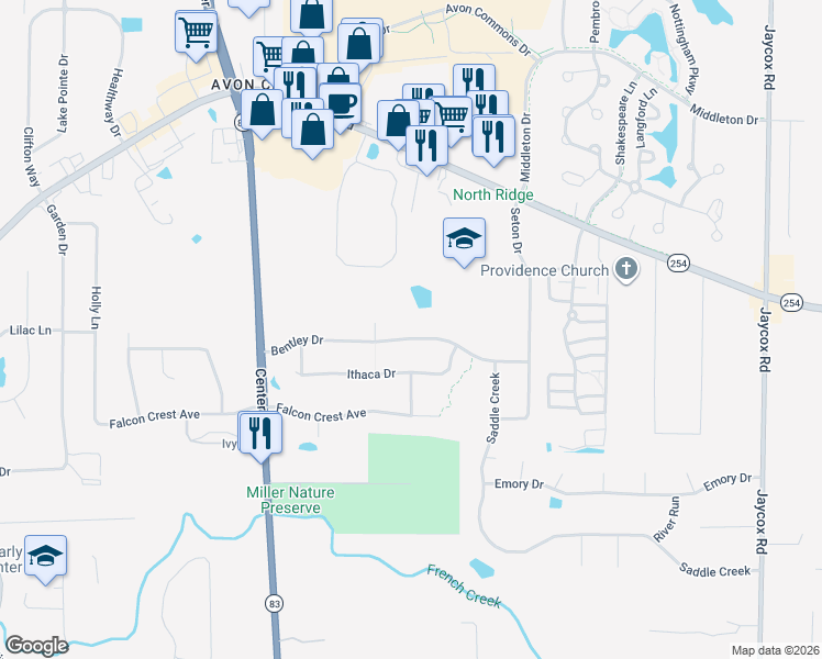 map of restaurants, bars, coffee shops, grocery stores, and more near 35786 Bentley Drive in Avon