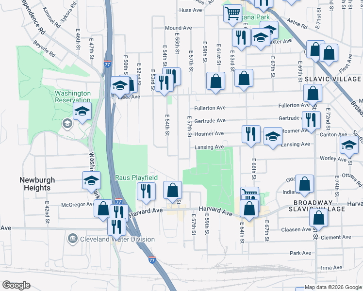map of restaurants, bars, coffee shops, grocery stores, and more near 3880 East 55th Street in Cleveland