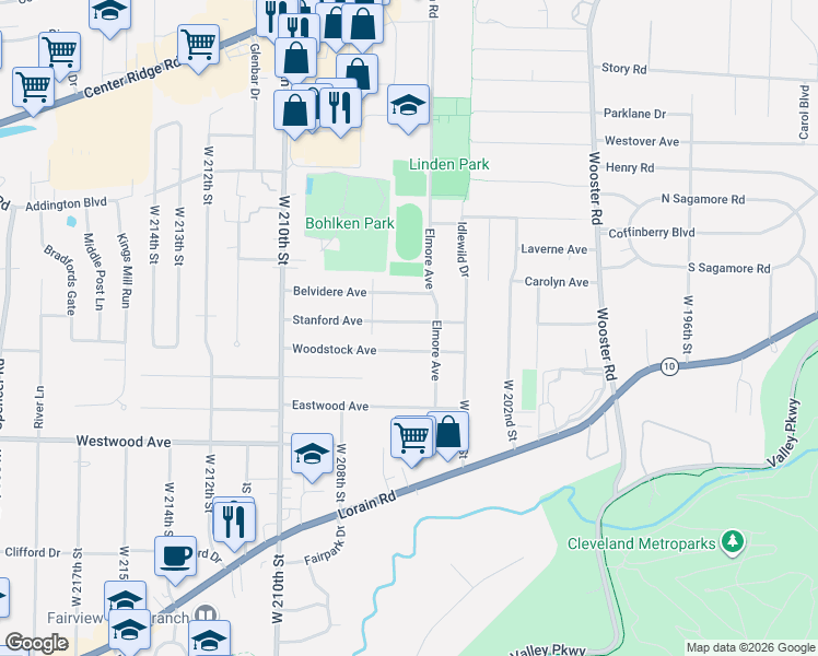 map of restaurants, bars, coffee shops, grocery stores, and more near 20537 Stanford Avenue in Fairview Park