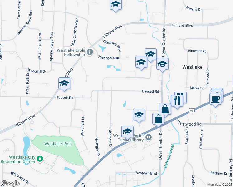 map of restaurants, bars, coffee shops, grocery stores, and more near 27647 Bassett Road in Westlake