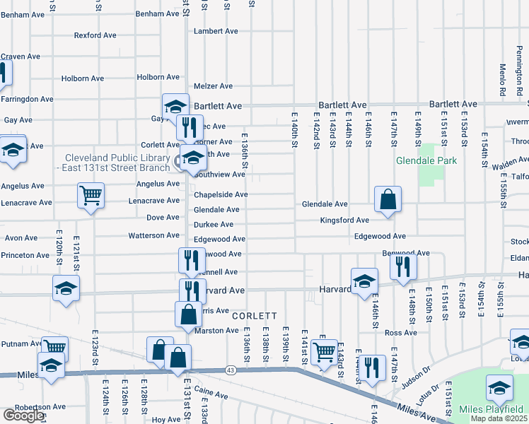 map of restaurants, bars, coffee shops, grocery stores, and more near 13710 Glendale Avenue in Cleveland