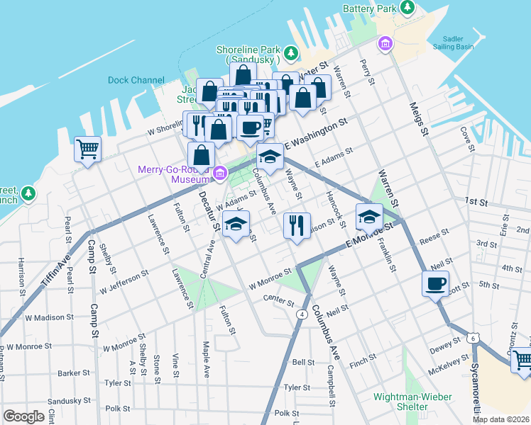 map of restaurants, bars, coffee shops, grocery stores, and more near 431 Columbus Avenue in Sandusky