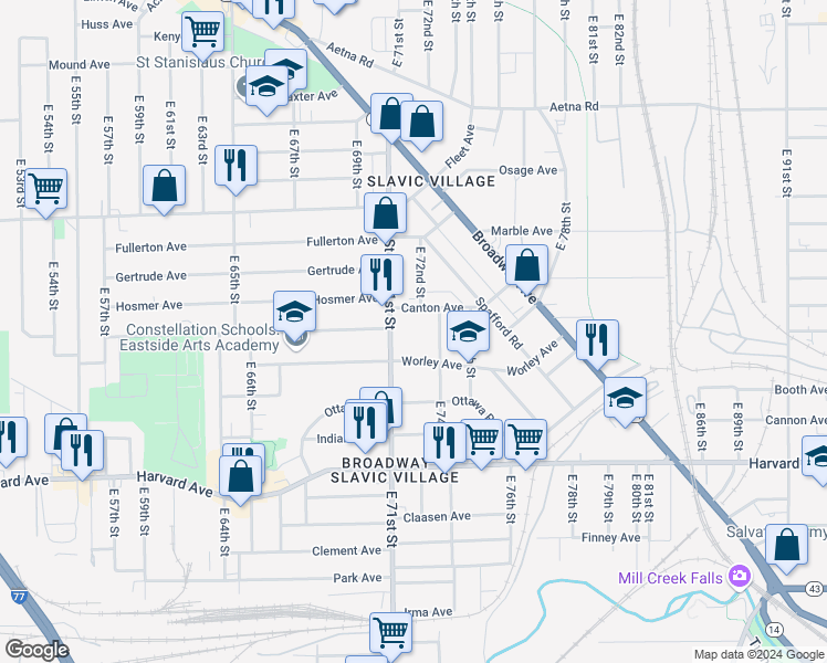 map of restaurants, bars, coffee shops, grocery stores, and more near 3889 East 71st Street in Cleveland