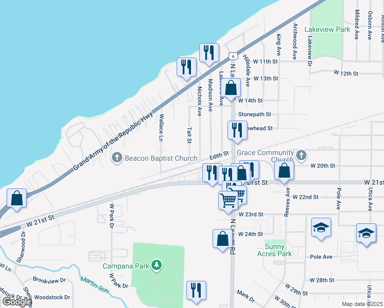 map of restaurants, bars, coffee shops, grocery stores, and more near 1955 Tait Street in Lorain