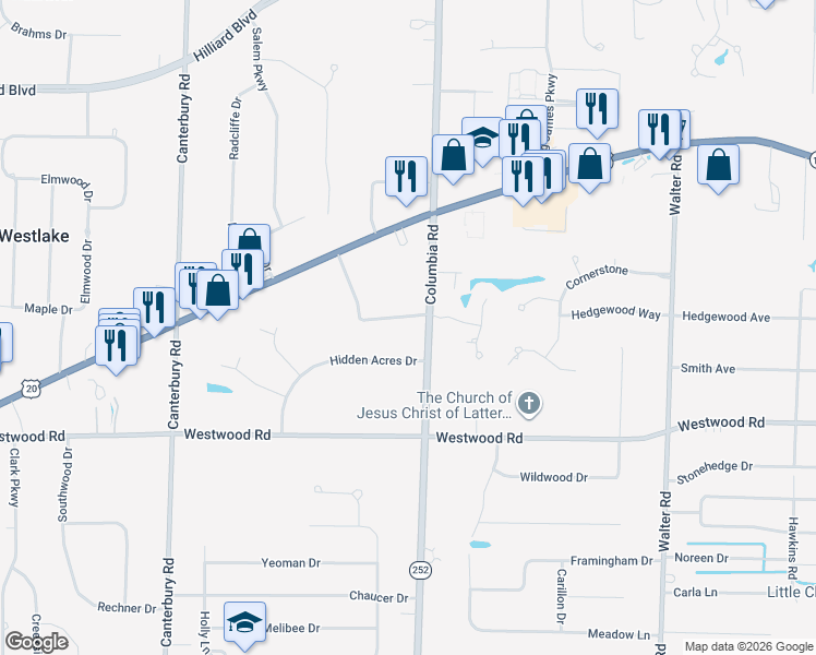 map of restaurants, bars, coffee shops, grocery stores, and more near 25571 West Hedgewood Drive in Westlake