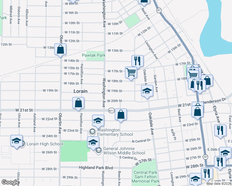 map of restaurants, bars, coffee shops, grocery stores, and more near 911 West 19th Street in Lorain