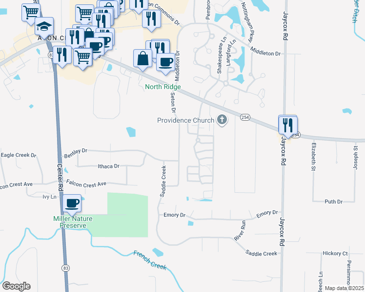 map of restaurants, bars, coffee shops, grocery stores, and more near 2568 Seton Drive in Avon