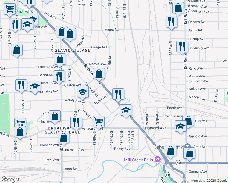 map of restaurants, bars, coffee shops, grocery stores, and more near 7925 Broadway Avenue in Cleveland