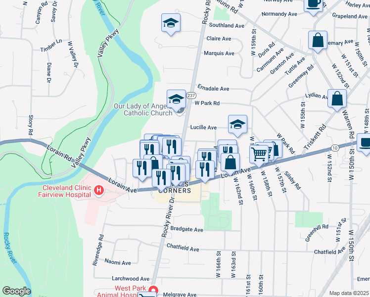 map of restaurants, bars, coffee shops, grocery stores, and more near 3705 Rocky River Drive in Cleveland