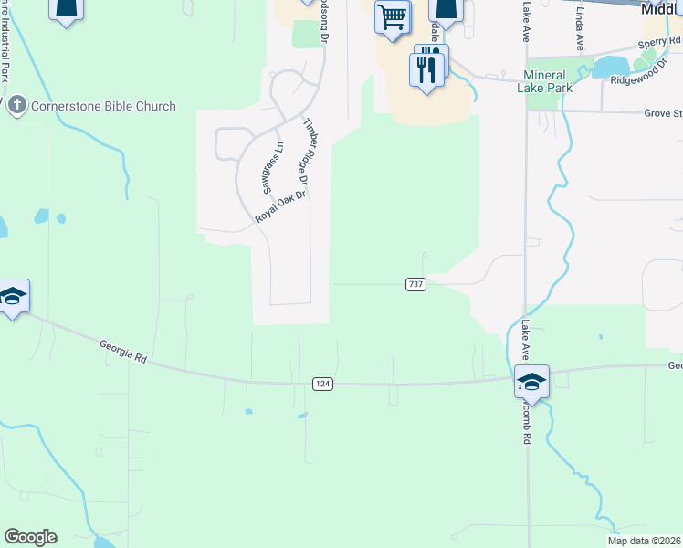 map of restaurants, bars, coffee shops, grocery stores, and more near 15482 Cloverdale Drive in Middlefield